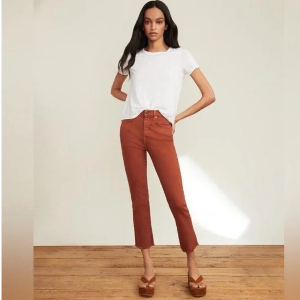 Carly High-Rise Kick-Flare Jean (with Raw Hem) in Rust size 26